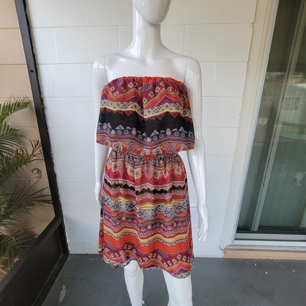 Minx USA Strapless High Low Dress Red Geometric Tribal Print Women 6 Boho Hippie